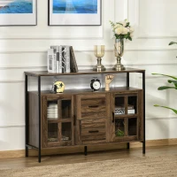 HOMCOM Industrial Sideboard Buffet Cabinet, Coffee Bar Cabinet with Adjustable Shelves, Glass Doors, and 2 Drawers for Kitchen, Living Room, Brown(m-10)