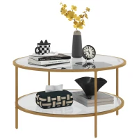 HOMCOM Side Table with Storage, 32" Round End Table, 2-Tier Tempered Glass Coffee Table with Steel Frame for Living Room, Gold(m-11)