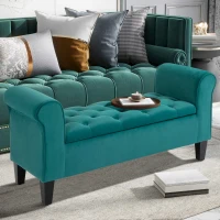 HOMCOM Button-Tufted Storage Ottoman Bench, Upholstered Bench with Rolled Armrests for Living Room or Hallway, Green(m-10)