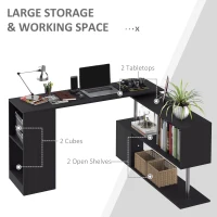 HOMCOM 55" Corner Computer Desk, 360° Rotating L-Shaped Desk, Home Office Workstation with 3-Tier Shelves, Bookshelf, Black(m-5)