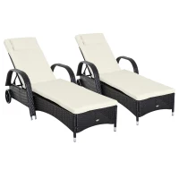 Outsunny 2 Reclining Chaise Lounge Chairs, Rolling Outdoor Chairs with Cushion, Pillow, Headrest, Armrests, and Wheels, Cream(m-11)