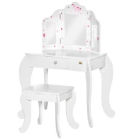 Qaba Kids Vanity Table and Stool, Makeup Vanity Girls Dressing Table Set with Tri-folding Mirrors Drawer Star and Heart Pattern, White(m-11)