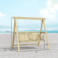 Outsunny 3 Seat Wooden Porch Swing with Stand, Patio Swing with Side Tables, for Garden, Poolside, Backyard, Natural Wood(m-3)