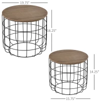 HOMCOM Round Coffee Table Set of 2, Industrial End Tables with Extra Storage Space for Living Room, Brown and Black(m-3)