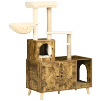 PawHut Litter Box Enclosure with Cat Tree Tower, Hidden Cat Washroom Furniture with Condo, Scratching Posts, Large Platform, Hammock and Soft Cushion, Rustic Brown(m-11)