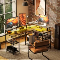 HOMCOM 59" L Shaped Desk with Storage, Corner Desk with LED Lights and Power Outlets for Home Office, Small Space, Gray(m-10)