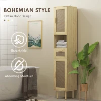 HOMCOM Tall Bathroom Cabinet with Rattan Doors, Freestanding Bathroom Storage Cabinet with Adjustable Shelves, Distressed Oak(m-4)