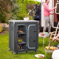 Outsunny Aluminum Camping Table, Camping Kitchen Station Cook Cupborad with 3-Shelf, Storage Organiser for BBQ Party Picnic Grey(m-8)