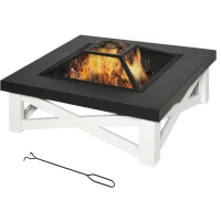 Outsunny 34" Outdoor 3 in 1 Steel Square Firepit Portable Stove with Spark Screen Cover, Log Grate, Poker, Grill Net for Patio, White & Black(m-2)