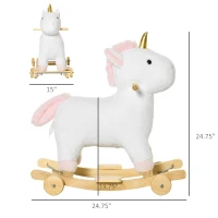 Qaba 2 in 1 Kids Rocking Horse, Rolling Unicorn with Sound, Wooden Base, Pedal, Grip Handle, for 3-6 Years Old, White(m-3)