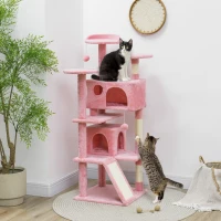 PawHut 54" Cat Tree, Multi-Level Cat Tower with Scratching Posts, Cat Condos, Bed, Platforms, Ramp, Toy Ball, Pink(m-8)