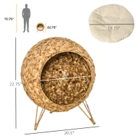 PawHut 20.5" Weaved Cat Bed, Elevated Hand-woven Braided Banana Leaf Kitten House Condo with Cushion, Natural(m-3)
