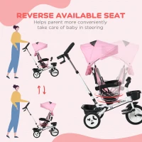 Qaba 6 in 1 Toddler Tricycle with Parent Push Handle, Canopy, Storage Baskets, Cupholder, Pink(m-6)