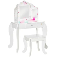 Qaba Kids Vanity Table and Stool, Makeup Vanity Girls Dressing Table Set with Tri-folding Mirrors Drawer Star and Heart Pattern, White(m-2)