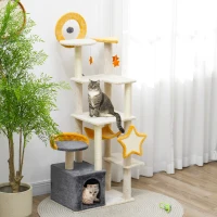 PawHut 63 Inch Moon and Star Themed Cat Tree with Scratching Post, Hammock, Condo, Bed, Scratching Board & Cat Toys, Beige(m-10)