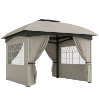 Outsunny 11' x 11' Outdoor Gazebo, Double Roof Patio Gazebo with Curtains, Church Windows, Galvanized Steel Frame, Light Gray(m-11)