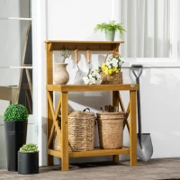 Outsunny 2-Level Outdoor Potting Bench, Wooden Potting Table with Storage Shelf and Top Hooks for Greenhouse, Garden, Patio(m-1)