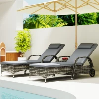 Outsunny Patio Wicker Chaise Lounge Chair Set of 2 with Table, Adjustable Backrest, Wheels, Cushion & Headrest, Gray(m-8)