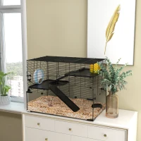 PawHut Hamster Cage, Gerbil Cage with Glass Basin for Small Hamsters, Black(m-8)