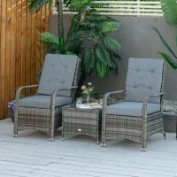 Outsunny 3 Piece Outdoor PE Rattan Patio Furniture Set Bistro Set w/ Cover, Tempered Glass Tabletop for Balcony, Pool, Grey(m-8)