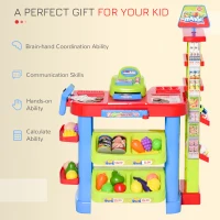 Qaba Supermarket Playset Cash Register Toy for Kids, 50 Pcs Grocery Store Pretend Play Toy with Food, Check-Out Counter, Scanner, Shelves, Gift for Boys Girls Age 3 4 5 6(m-5)