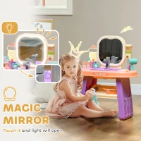 Qaba Kids Vanity Set with Mirror, LED Light, Music, 23 Accessories, Pretend Play Set for Girls 3-6 Years, Purple(m-5)