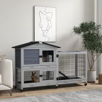PawHut Rabbit Cage Outdoor Indoor Wooden Rabbit Hutch with Run Openable Top 3 Removable Trays, for 1-2 Rabbits, Grey(m-8)