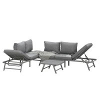 Outsunny 3 Pieces Patio Sofa Furniture Set, 2 Convertible Couch Chaise Lounge Chairs, 1 Coffee Table, Throw Pillows, Water-repellent Cushions, Grey(m-1)