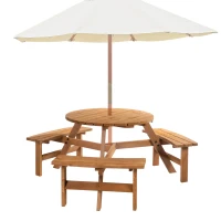 Outsunny 6 Person Round Picnic Table Bench Set with Umbrella Hole, Wood Patio Table with 3 Built-in Benches for Garden, Deck, Backyard, Brown(m-11)