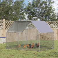 PawHut Chicken Run, Galvanized Large Metal Chicken Coop Cage, Walk-in Enclosure Poultry Hen Run House Playpen Rabbit Hutch with Flat Roof, Cover, 9.2' x 6.2' x 6.5', Silver(m-1)