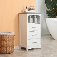 kleankin Small Bathroom Storage Cabinet, Floor Cabinet with 3 Drawers and Open Component, Narrow Bathroom Cabinet, White(m-1)