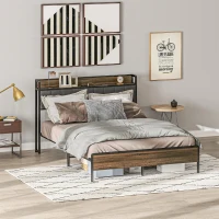 HOMCOM Queen Size Bed Frame with Charging Station, Queen Bed Frame with Upholstered Headboard and Storage Shelf, Walnut(m-1)