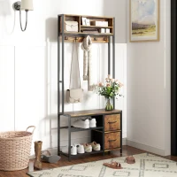 HOMCOM Hall Tree with Bench and Shoe Storage, 5-in-1 Entryway Bench with Coat Rack, 3 Storage Shelves, 2 Fabric Drawers, Brown(m-2)