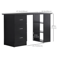 HOMCOM Computer Desk, 47" Writing Table with 3-Tier Shelves and 3 Reversible Drawers for Home Office, Bedroom, Black(m-3)