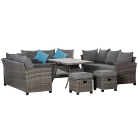 Outsunny 6 Piece Patio Furniture Set, PE Wicker Outdoor Furniture Conversation Set with 3 Sofas, 2 Ottomans and Slatted WPC Top Dining Table, All Weather Sectional Sofa Couch with Pillows, Gray(m-11)