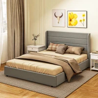 HOMCOM Queen Bed Frame with Storage Drawers, Queen Size Bed Base with Headboard, Wood Slats, Noise-Free, Light Gray(m-10)