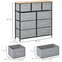 HOMCOM 9 Drawers Storage Chest Dresser Organizer Unit w/ Steel Frame, Wood Top, Easy Pull Fabric Bins, for Hallway, Closet, Entryway, Oak & Grey(m-3)