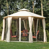 Outsunny 13ft Hexagon Gazebo Outdoor Canopy Shelter with Netting and Shaded Curtains Beige(m-1)