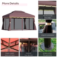 Outsunny 10' x 13' Patio Gazebo, Aluminum Frame Double Roof Outdoor Gazebo Canopy Shelter with Netting & Curtains, Coffee(m-5)