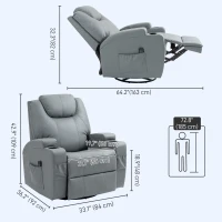 HOMCOM Massage Recliner Chair Leather Swivel Rocker Manual Reclining Chair with 8 Vibration Points, Cup Holders, Light Grey(m-3)