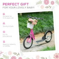 Aosom Kick Scooter with Adjustable Handlebar, Kids Scooter with 2 Brakes Basket Cupholder 16" Inflatable Rubber Tyres Pink(m-5)