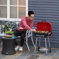 Outsunny Charcoal BBQ Grill, Portable Kettle Barbecue Smoker with Lid, Wheels, Storage Rack, Red(m-1)