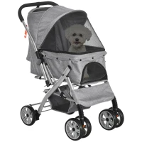 PawHut 4 Wheels Pet Stroller w/ Reversible Handle, Foldable Dog Cat Travel Carriage w/ EVA Wheels Basket Storage Bag 3-stage Canopy Grey(m-2)