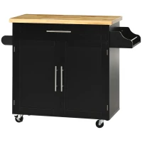 HOMCOM Kitchen Island with Storage, Rolling Cart Trolley with Rubberwood Top, Adjustable Shelf, Drawer, Spice Rack, Black(m-2)