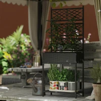 Outsunny Outdoor Wicker Planter with Trellis for Climbing Plants, Freestanding Rattan Garden Box with Storage Shelf, Black(m-9)