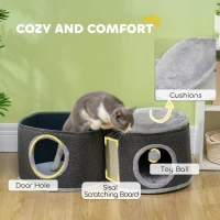 PawHut 2-Story Cat Condo Barrel Tree with Top Perch, 2 Hideaways, Scratching Board, Removable Cushions, Toy Balls, Dark Grey(m-6)