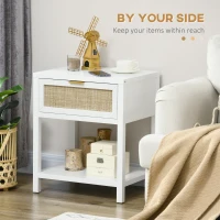 HOMCOM Boho Nightstand, Bedside Table with Rattan Drawer and Open Shelf, Side End Table for Bedroom, Living Room(m-4)