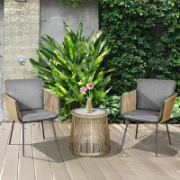 Outsunny 3 Pieces Wicker Outdoor Bistro Set, Rattan Patio Furniture Set with Glass Coffee Table and Porch Chairs for Backyard, Balcony, Garden, Gray(m-2)