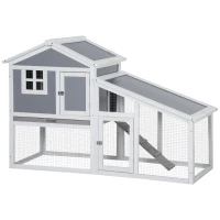 PawHut 59" Wooden Rabbit Hutch, 2 Tier Pet Playpen Bunny House Enclosure with Sunlight Panel Roof, Slide-out Tray, and Ramp, for Rabbits and Small Animals, Grey(m-1)