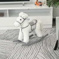 Qaba Kids Rocking Horse Plush Animal on Wooden Rockers with Sounds, Wooden Base and Bear Toy, Baby Rocking Chair, White(m-8)
